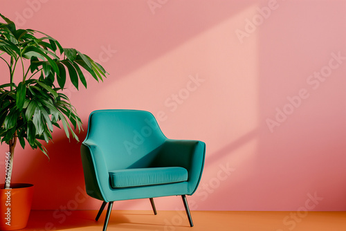 Green armchair on orange wall colorful interior design