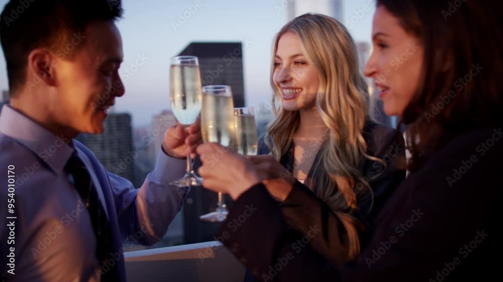 Multi ethnic business team celebrating success on city rooftop at sunset Multi ethnic business team celebrating success on city rooftop at sunset
