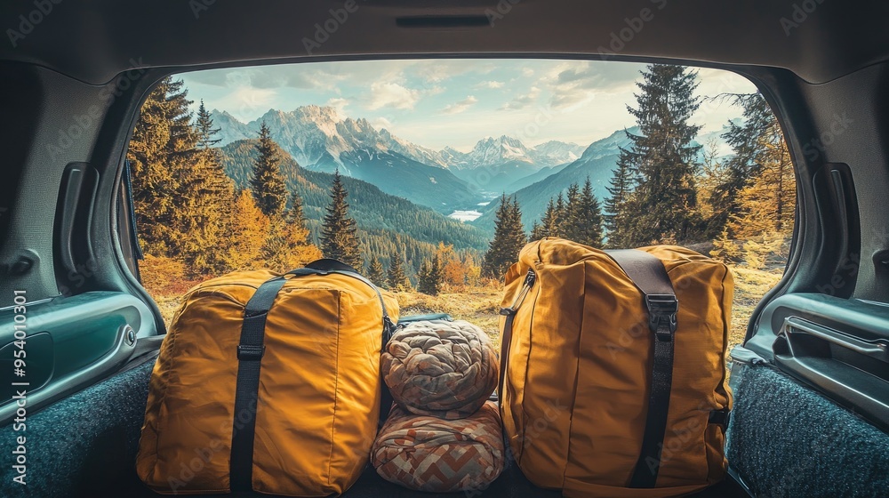 A car trunk packed with luggage, overlooking a scenic mountain view. Perfect for promoting travel, adventure, and outdoor activities. A car trunk packed with luggage, overlooking a scenic mountain view. Perfect for promoting travel, adventure, and outdoor activities.