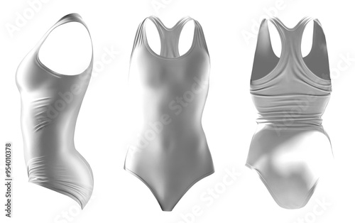 Set of white front back side view, one piece racerback round neck classic silhouette swimsuit swimwear bodysuit leotard on transparent cutout, PNG file. Mockup template for artwork graphic design photo