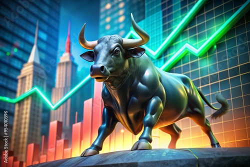 A vibrant graph displays a soaring stock market trend, with a majestic bull sculpture in the foreground, symbolizing photo