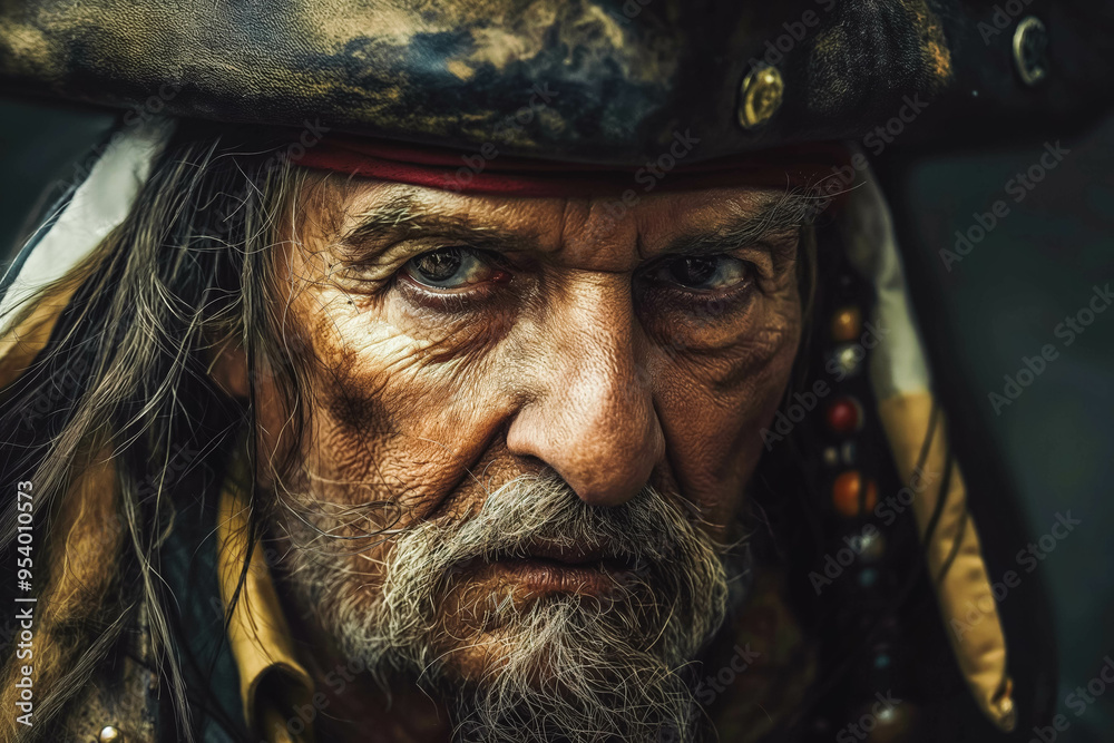 A close-up portrait of an elderly man with a weathered face, wearing a pirate hat and adorned with beads. A close-up portrait of an elderly man with a weathered face, wearing a pirate hat and adorned with beads.