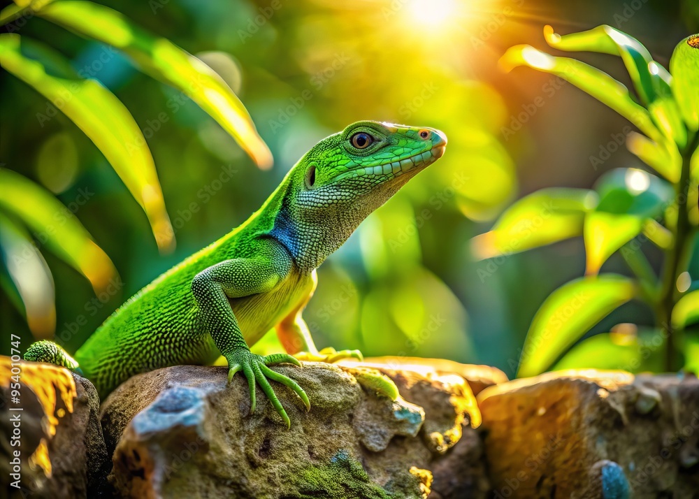 Obraz premium A vibrant green lizard with intricate scales and a long tail perches on a weathered stone wall, surrounded