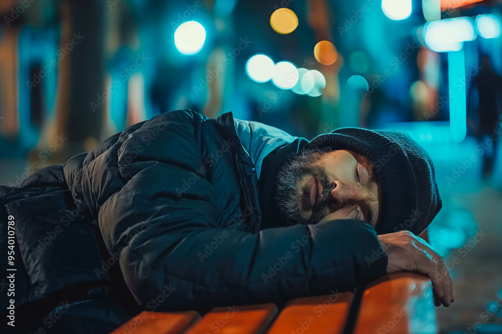 Poor homeless man or refugee sleeping on the wooden bench on the urban street in the city, social documentary concept, selective focus Poor homeless man or refugee sleeping on the wooden bench on the urban street in the city, social documentary concept, selective focus