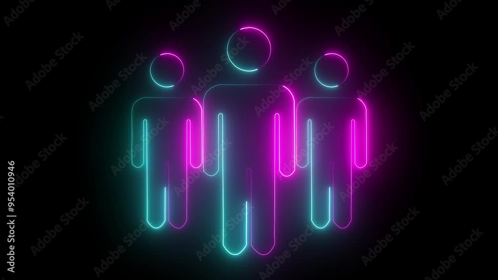 Three pink and cyan color man icon animated on a black background. Glowing neon person concept. Glowing neon person or people sign animation. Three pink and cyan color man icon animated on a black background. Glowing neon person concept. Glowing neon person or people sign animation.