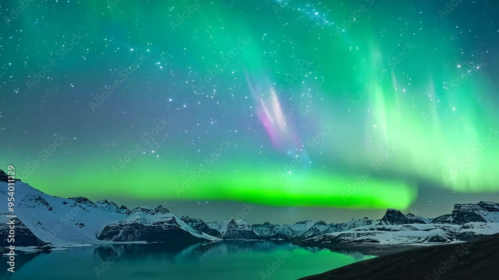 Glowing northern lights dancing in the night sky, aurora borealis over snowy mountains Glowing northern lights dancing in the night sky, aurora borealis over snowy mountains