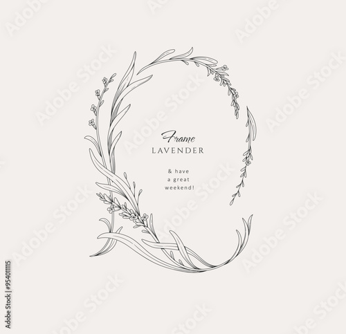 Set of lavender calligraphic wreath and design elements, floral and graceful branches. Wedding wildflowers for invitation save the date card. Botanical feminine rustic vector illustration photo