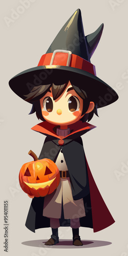 3D Render Boy Character With Witch Costume and Pumpkin, Halloween Concept