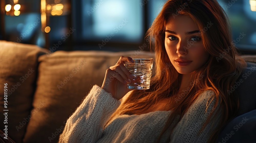 Beautiful young woman is sitting on the sofa at home holding a glass of mineral water. Beautiful young woman is sitting on the sofa at home holding a glass of mineral water.