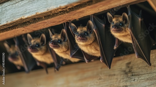 Brown bats hanging upside down under the wooden roof of a barn
