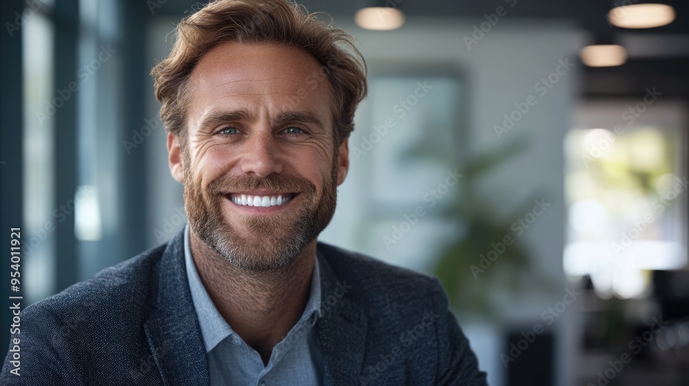 Obraz premium Smiling happy successful businessman dressed in white shirt and suit in modern office. Manager at work