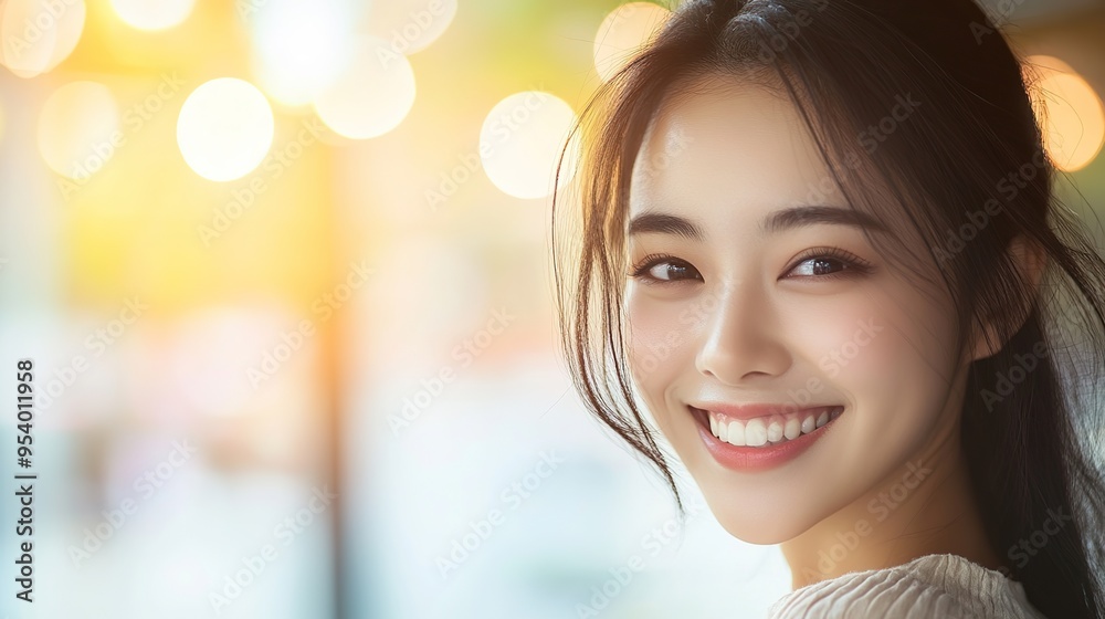 Beautiful young Asian woman standing outdoors and smiling sweetly while looking at the camera Beautiful young Asian woman standing outdoors and smiling sweetly while looking at the camera