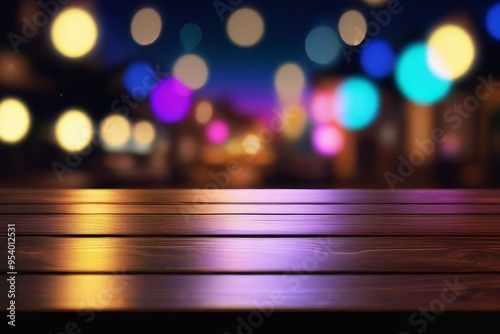 Festive dark background with colorful neon bokeh and empty wooden stage.