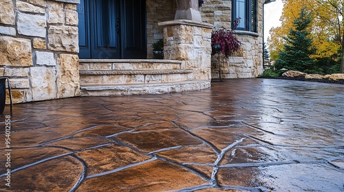 Stamped concrete patio resembling flagstone leading to house entrance photo