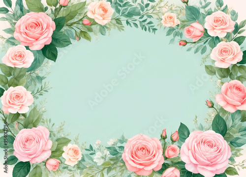 Floral illustration with a frame of delicate pink roses on a light green background.