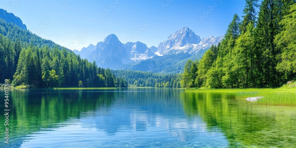 lake with clear water and dense tree around, mountain on background lake with clear water and dense tree around, mountain on background
