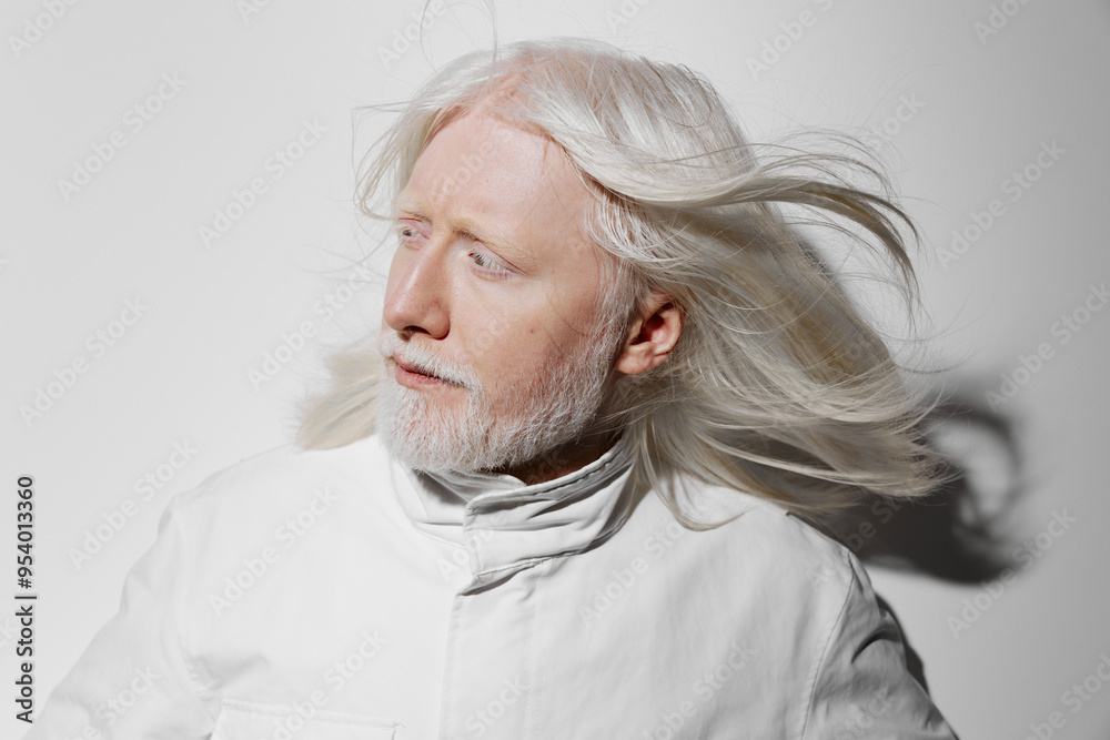 elderly man with long white hair, wearing a white coat, against a plain white background, serene expression, ethereal concept, natural light highlighting features, calm atmosphere elderly man with long white hair, wearing a white coat, against a plain white background, serene expression, ethereal concept, natural light highlighting features, calm atmosphere
