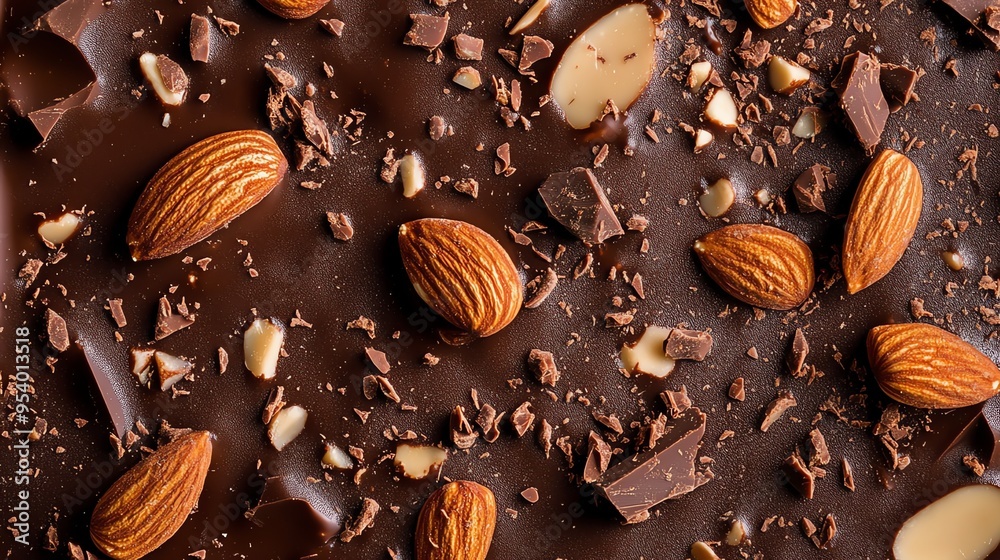 A close-up of a chocolate bar with almonds and chocolate shavings. A close-up of a chocolate bar with almonds and chocolate shavings.