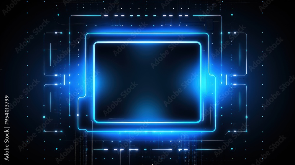 A futuristic digital interface with glowing blue elements and a central blank space, ideal for tech-related presentations. A futuristic digital interface with glowing blue elements and a central blank space, ideal for tech-related presentations.