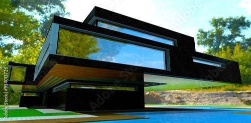 Fotografi Advanced cottage clad in black marble near the pool in a shaded summer park