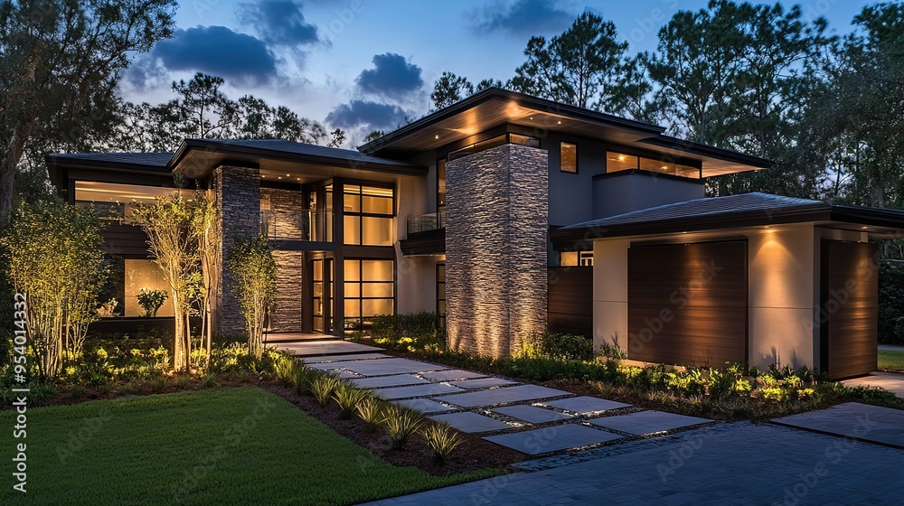Elegant modern home design with warm golden yellow lighting at dusk Elegant modern home design with warm golden yellow lighting at dusk
