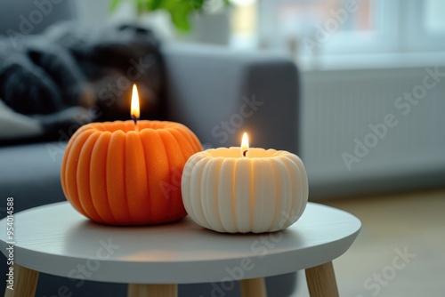 Cozy autumn decor featuring pumpkin-shaped candles glowing softly in a living room setting