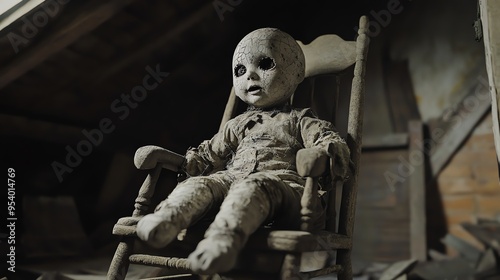 A creepy porcelain doll sits in a rocking chair, its vacant eyes staring into the distance. photo