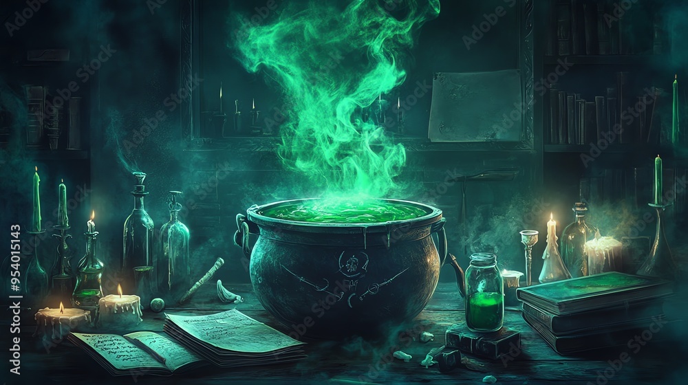 A cauldron filled with bubbling green liquid sits on a wooden table, surrounded by books and bottles. A cauldron filled with bubbling green liquid sits on a wooden table, surrounded by books and bottles.
