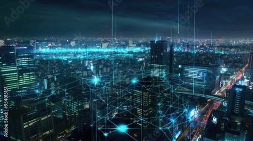 Wallpaper Mural Futuristic Cityscape with Network Connections Torontodigital.ca