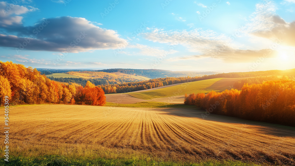 Fototapeta premium Wonderful landscape during autumn, sunny rural panoramic view. Countryside scenery. Typical autumn colors. Wonderful landscape during fall season, typical orange, brown automn colors. Tranquil scenery