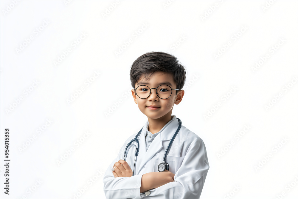 A confident boy wearing doctors coat and stethoscope, smiling with pride.isolated white backgorund A confident boy wearing doctors coat and stethoscope, smiling with pride.isolated white backgorund