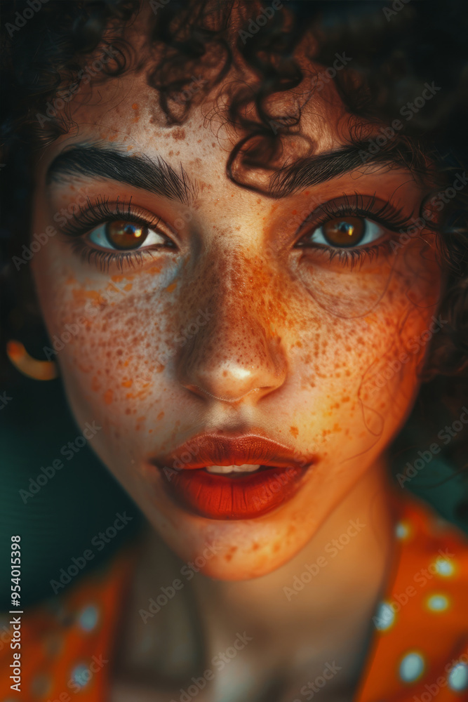 Captivating sunlight illuminates a young woman's face, highlighting her beautiful curls and freckled complexion. The warm atmosphere brings an artistic feel to her striking expression Captivating sunlight illuminates a young woman's face, highlighting her beautiful curls and freckled complexion. The warm atmosphere brings an artistic feel to her striking expression
