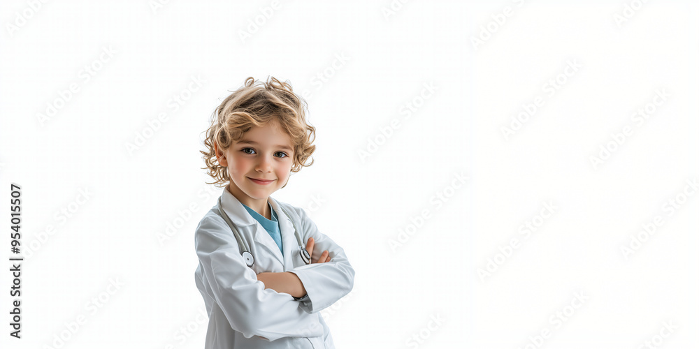 A confident boy wearing doctors coat smiles with crossed arms, embodying sense of aspiration and joy.isolated white backgorund A confident boy wearing doctors coat smiles with crossed arms, embodying sense of aspiration and joy.isolated white backgorund