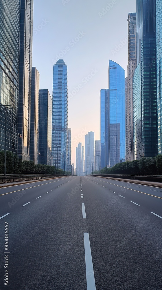 Empty asphalt road in the heart of the city with modern skyscrapers Empty asphalt road in the heart of the city with modern skyscrapers
