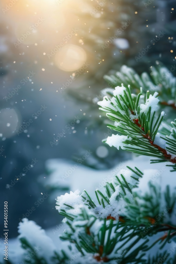 Closeup of Christmas tree with light, snow flake. Christmas and New Year holiday background. vintage color tone.