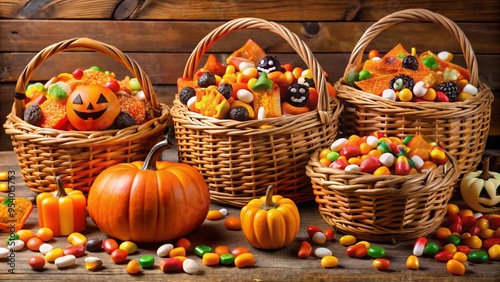 A Colorful Overflow of Halloween Trick or Treat Candy in a Festive Basket Ready for Celebrating the Holiday photo