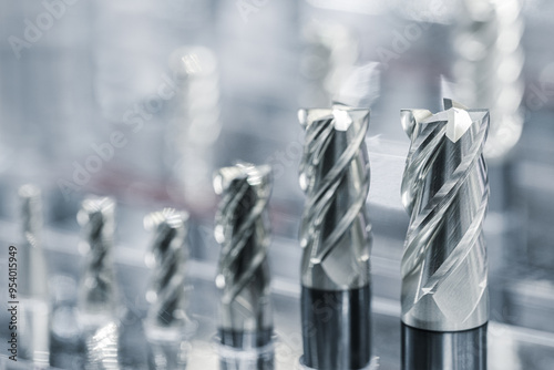 industrial drilling milling metal cutting tool with carbide cutter insert in workshop. Drills with interchangeable tungsten carbide heads. Milling metal cutter tools CNC machine, industrial background