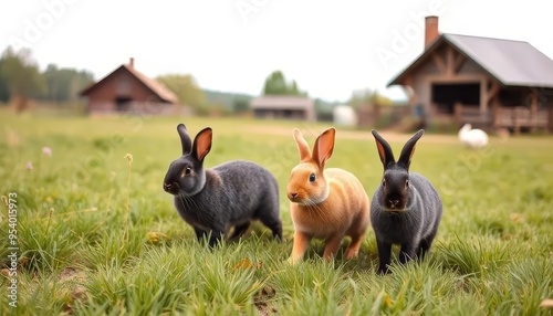 Three rabbits are standing in a field, one of which is black and the other two are orange