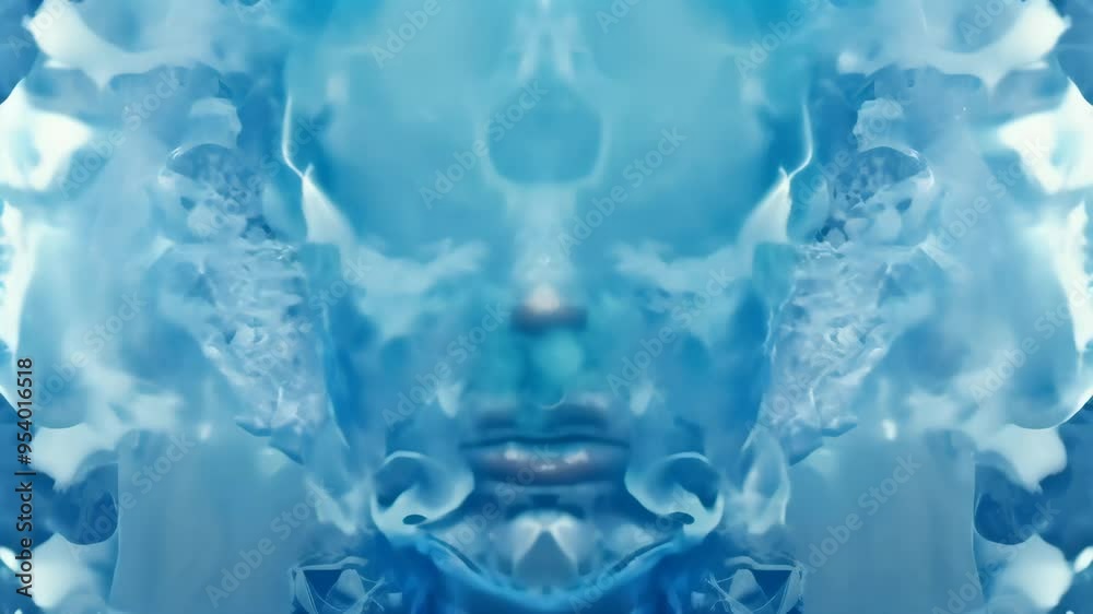 Surreal blue face made of smoke-like patterns, representing an AI-generated entity in a dream-like state. Digital art, AI, and abstract creativity