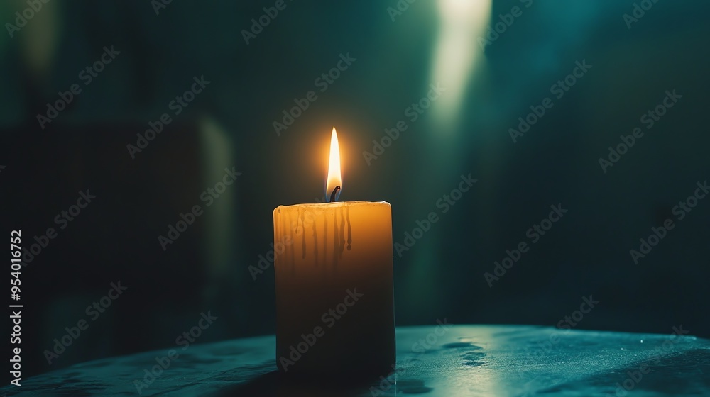 A single candle flame flickers in the darkness, casting a warm glow on the surrounding surface. A single candle flame flickers in the darkness, casting a warm glow on the surrounding surface.