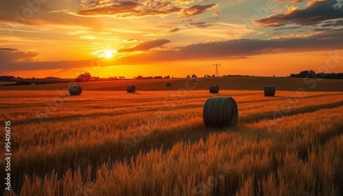 A field of golden wheat with a sun setting in the background