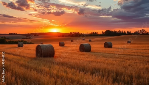 A field of hay bales with a beautiful sunset in the background. The hay bales are arranged in rows, and the sun is setting behind them, creating a warm and peaceful atmosphere