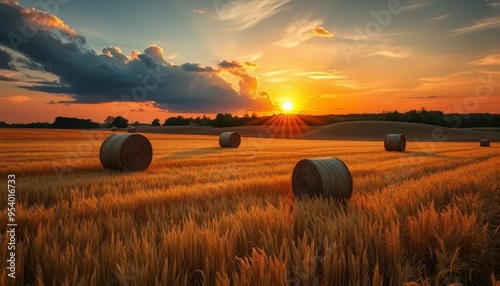 A field of golden wheat with a sun shining on it. The sun is setting in the background