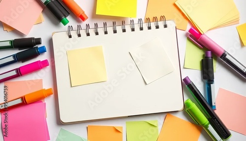 A notebook with colorful sticky notes and pens on top of it. The notebook is open to a blank page