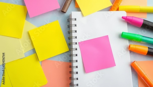 A notebook with colorful sticky notes and markers on top of it. The notebook is open to a page with a pink sticky note on it