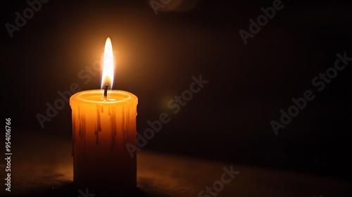 A single candle burns brightly in the darkness, casting a warm glow. The flame flickers gently, creating a sense of peace and tranquility.