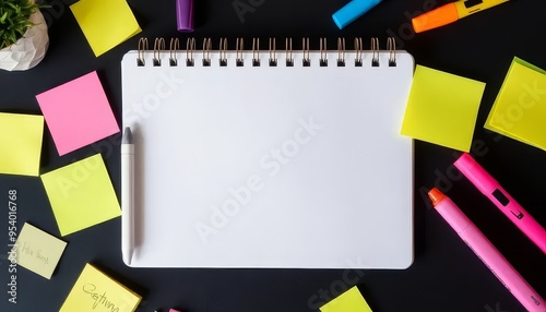 A notebook with a pen and a bunch of colorful sticky notes on it