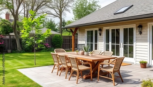 A large patio with a wooden table and chairs, and a tree in the background. The table is set for a large gathering of people