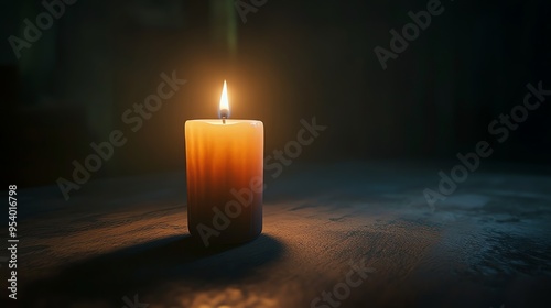 A single candle burns brightly on a dark surface, casting a warm glow.