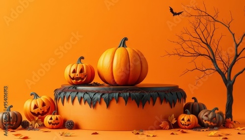 A Halloween scene with pumpkins and a tree. The pumpkins are arranged in a circle on a table, with some of them having scary faces. The tree is in the background, adding to the spooky atmosphere